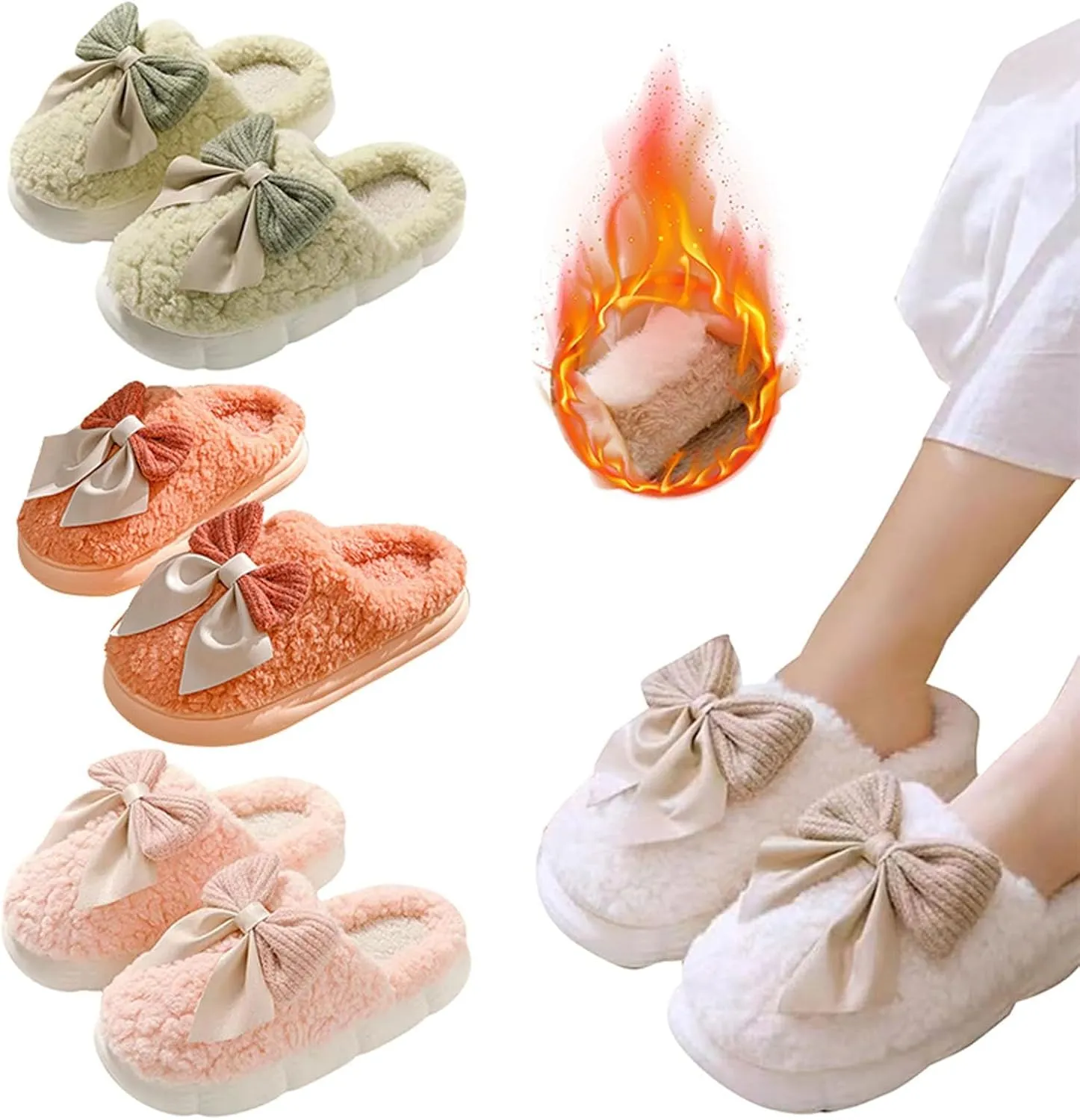 Women's Fuzzy House Slippers Fuzzy Bow Fall Winter Elegant Cozy Shoes with Faux Pelt Liner Plush Warm Slippers