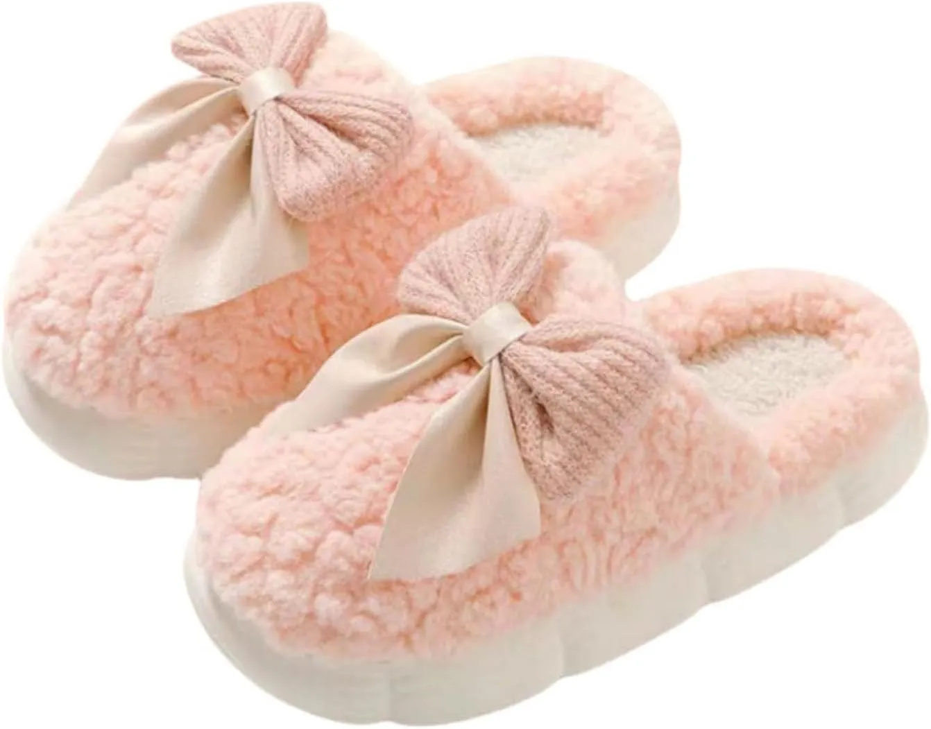 Women's Fuzzy House Slippers Fuzzy Bow Fall Winter Elegant Cozy Shoes with Faux Pelt Liner Plush Warm Slippers