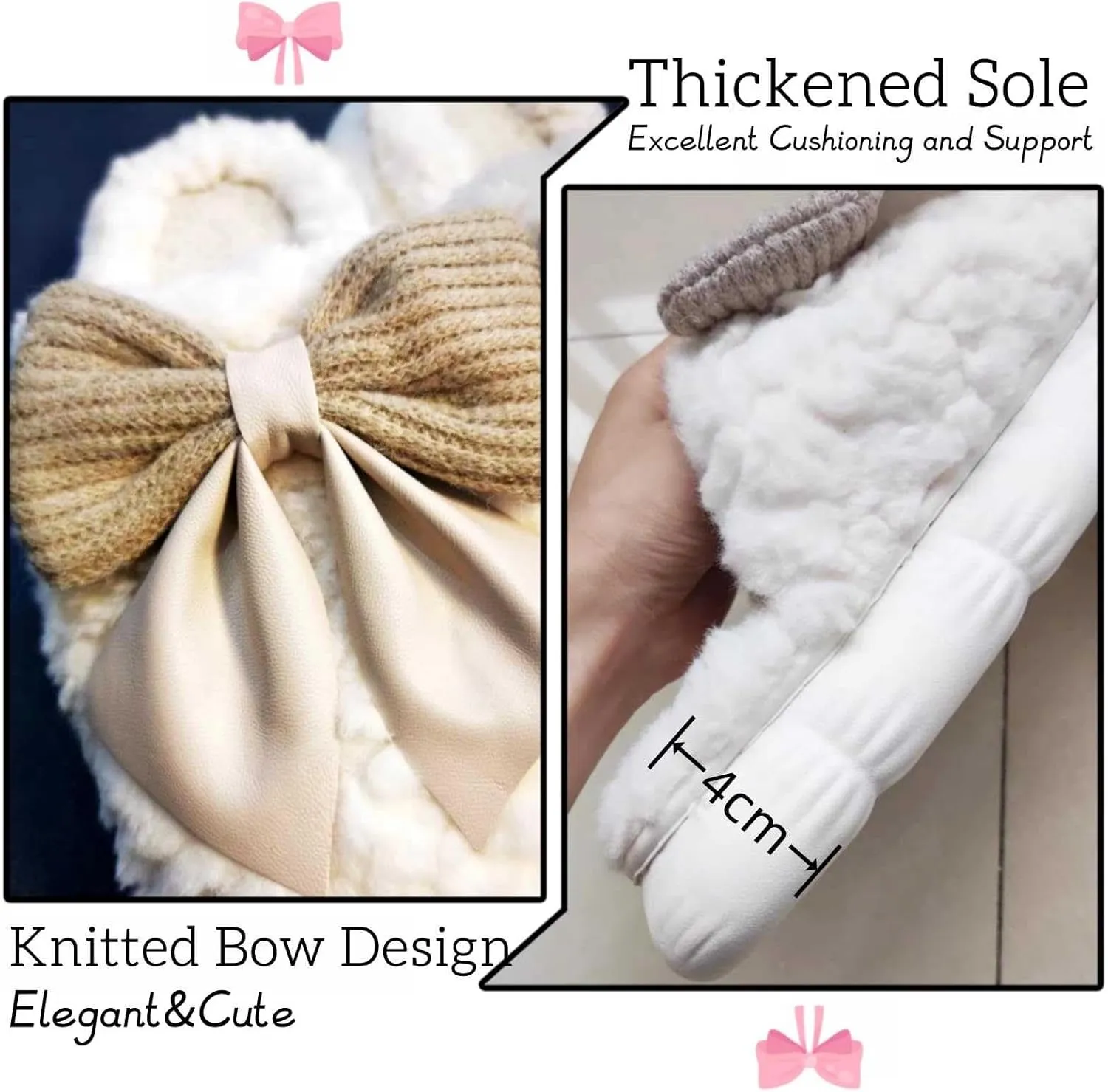 Women's Fuzzy House Slippers Fuzzy Bow Fall Winter Elegant Cozy Shoes with Faux Pelt Liner Plush Warm Slippers