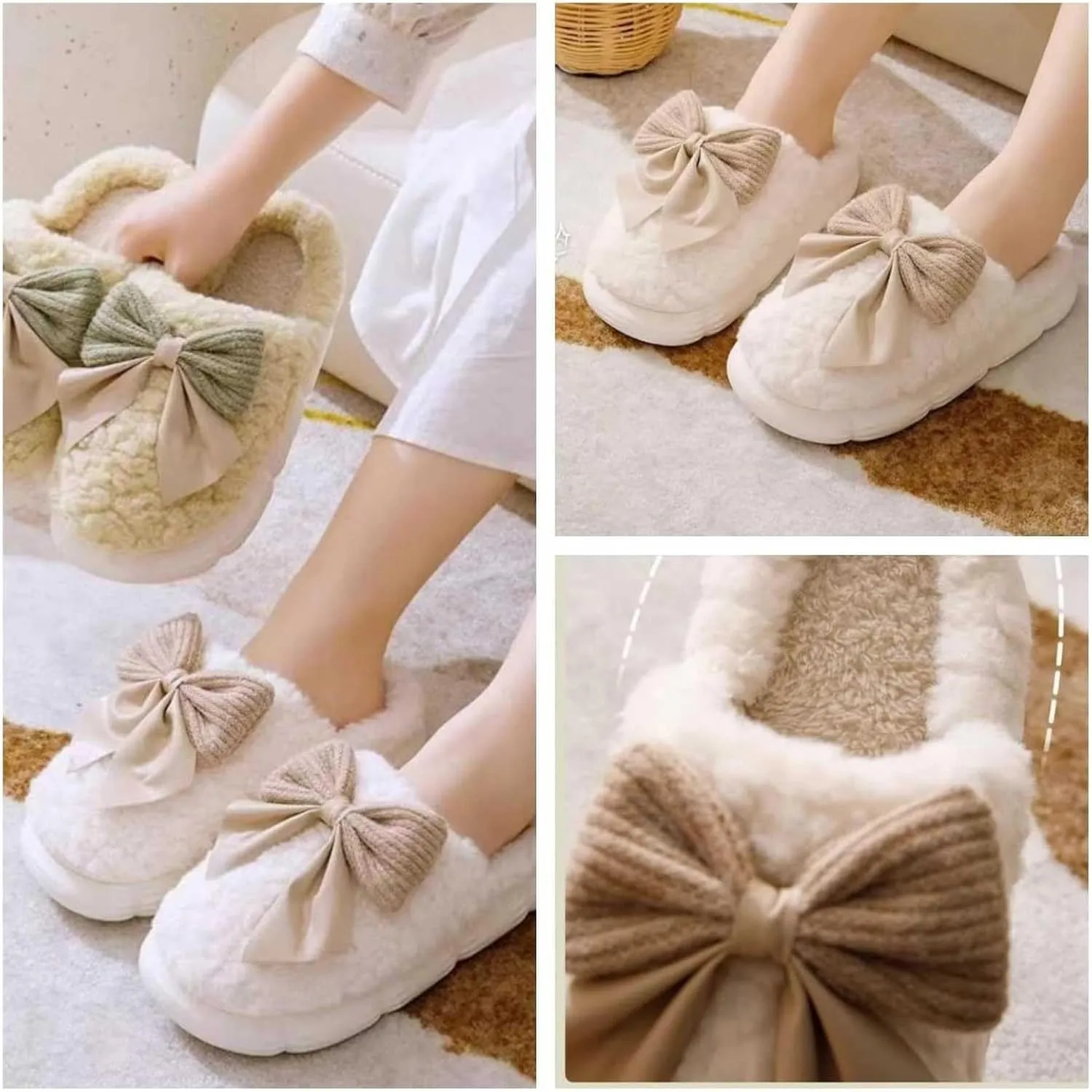 Women's Fuzzy House Slippers Fuzzy Bow Fall Winter Elegant Cozy Shoes with Faux Pelt Liner Plush Warm Slippers