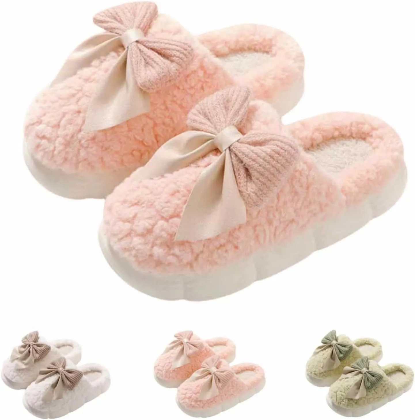 Women's Fuzzy House Slippers Fuzzy Bow Fall Winter Elegant Cozy Shoes with Faux Pelt Liner Plush Warm Slippers