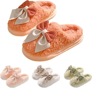 Women's Fuzzy House Slippers Fuzzy Bow Fall Winter Elegant Cozy Shoes with Faux Pelt Liner Plush Warm Slippers