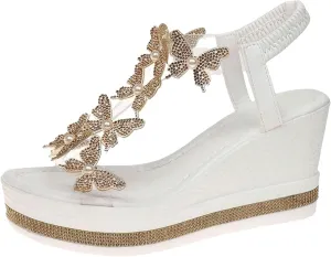 Women's High Heel Wedge Sandals Summer Fashion Butterfly Decoration Platform Sandals Casual Lightweight Bohemian Open Toe Back Elastic Strap Beach Shoes