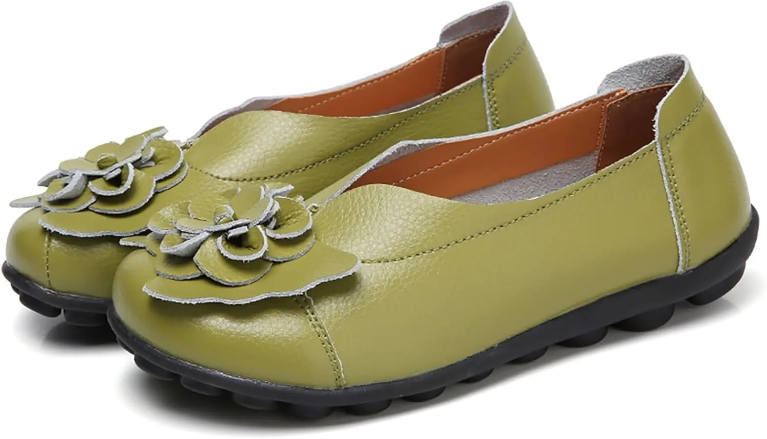 Women's Leather Flowers Loafers Lightweight Comfortable Round Toe Soft Bottom Walking Shoes Summer Casual Slip On Moccasins Driving Flats Outdoor Work Shoes