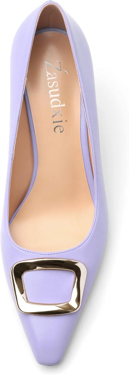 Women's Pumps Pointed Toe Mid Stiletto Heels Rectangular Metal Buckle Pumps Dress Party Shoes