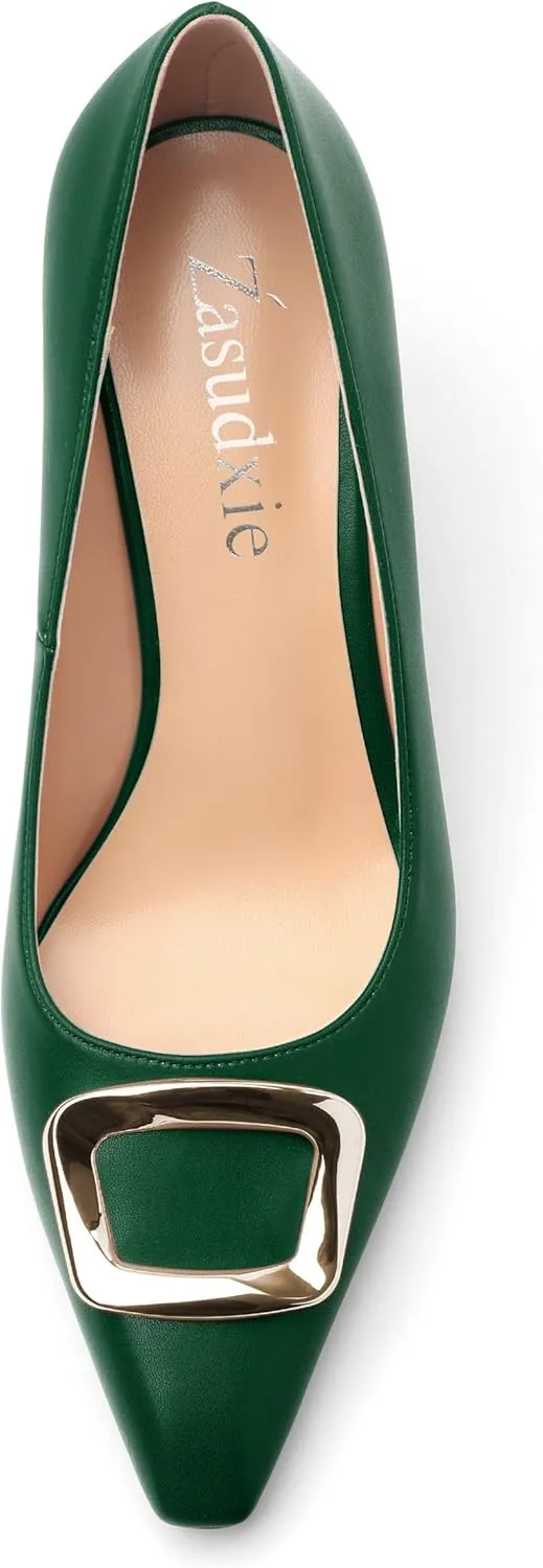 Women's Pumps Pointed Toe Mid Stiletto Heels Rectangular Metal Buckle Pumps Dress Party Shoes
