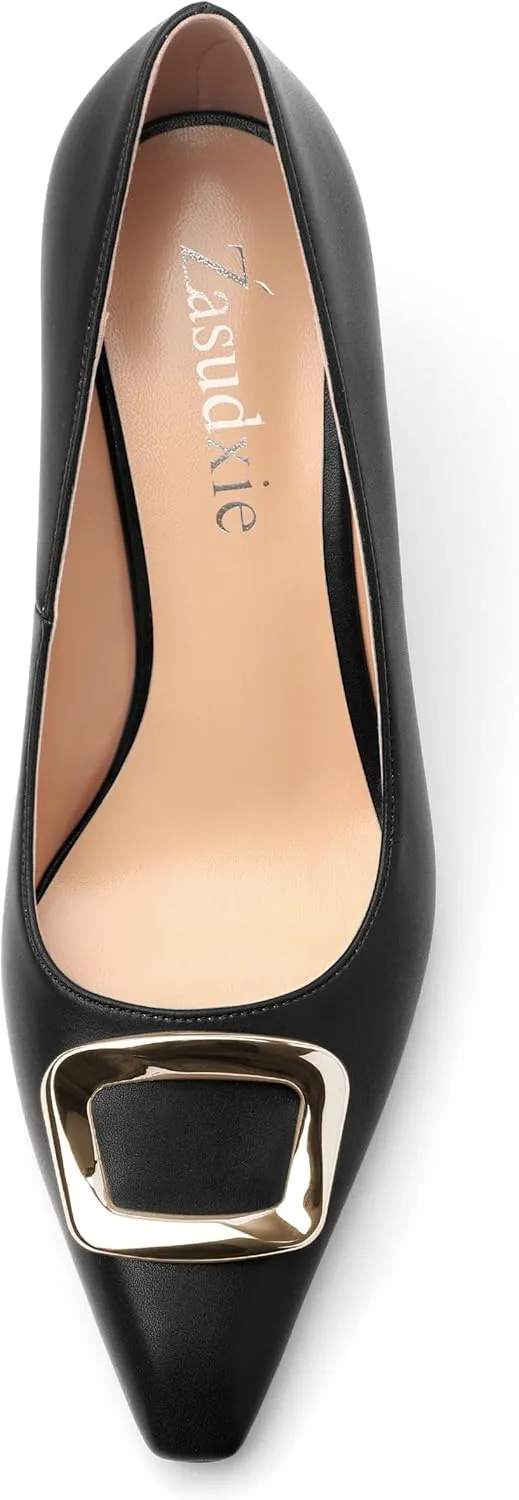 Women's Pumps Pointed Toe Mid Stiletto Heels Rectangular Metal Buckle Pumps Dress Party Shoes
