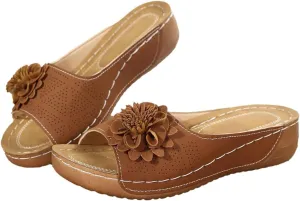 Womens Sandals Summer Orthopedic Wedge Sandals for Women Flowers Slip on Slides Sandal Dressy Low Open Toe Slides Ladies Shoes Thick Cushion Slippers Flower Sandal Footbed Platform Shoes 2025