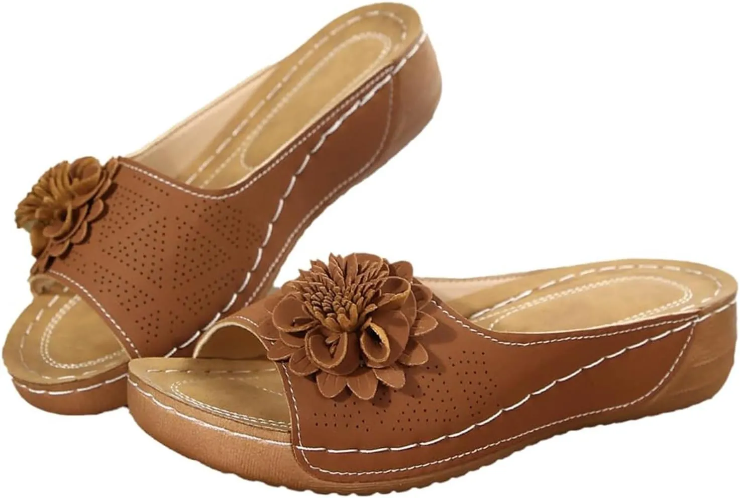 Womens Sandals Summer Orthopedic Wedge Sandals for Women Flowers Slip on Slides Sandal Dressy Low Open Toe Slides Ladies Shoes Thick Cushion Slippers Flower Sandal Footbed Platform Shoes 2025