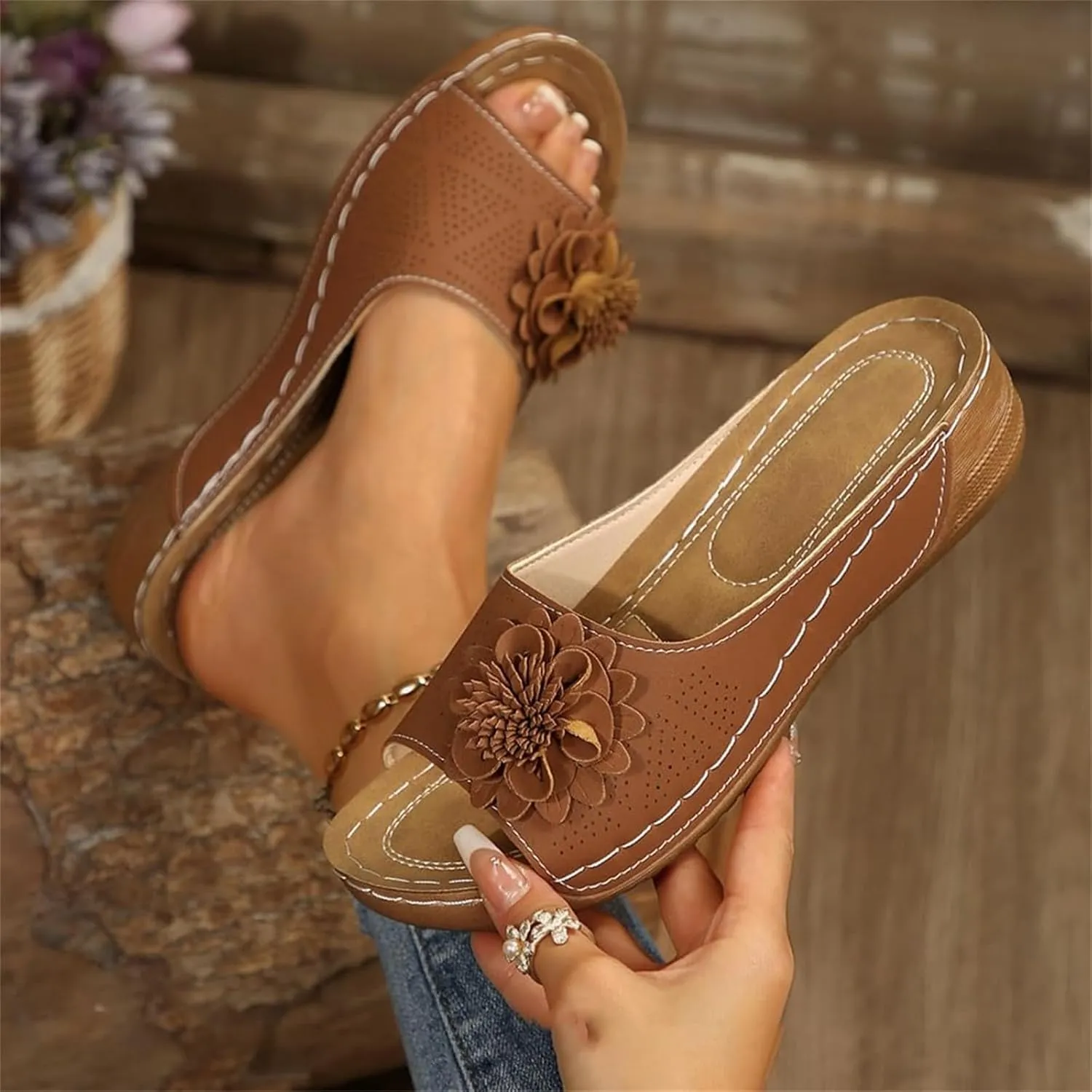 Womens Sandals Summer Orthopedic Wedge Sandals for Women Flowers Slip on Slides Sandal Dressy Low Open Toe Slides Ladies Shoes Thick Cushion Slippers Flower Sandal Footbed Platform Shoes 2025