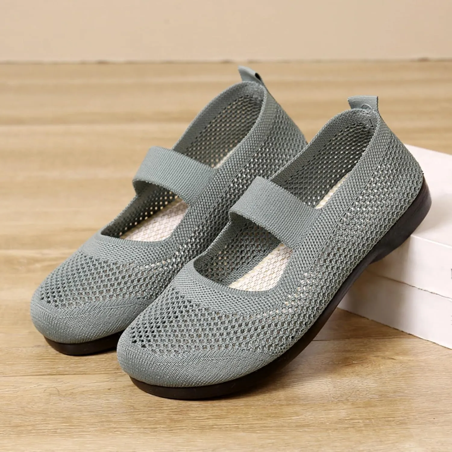 Women's Spring Summer and Autumn Breathable Non Slip Slip On Shallow Soft Sole Flying Woven Orthopedic Mesh Comfort Heel
