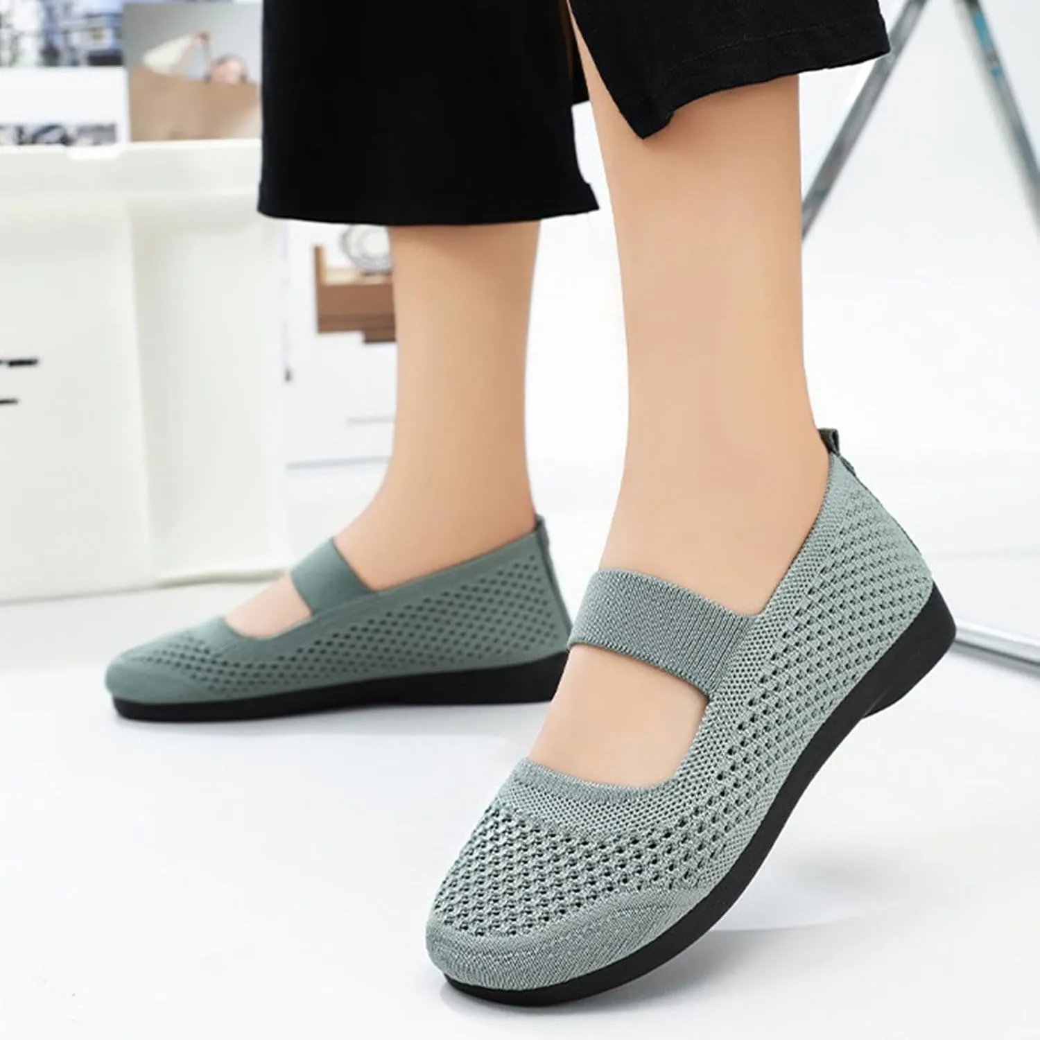Women's Spring Summer and Autumn Breathable Non Slip Slip On Shallow Soft Sole Flying Woven Orthopedic Mesh Comfort Heel