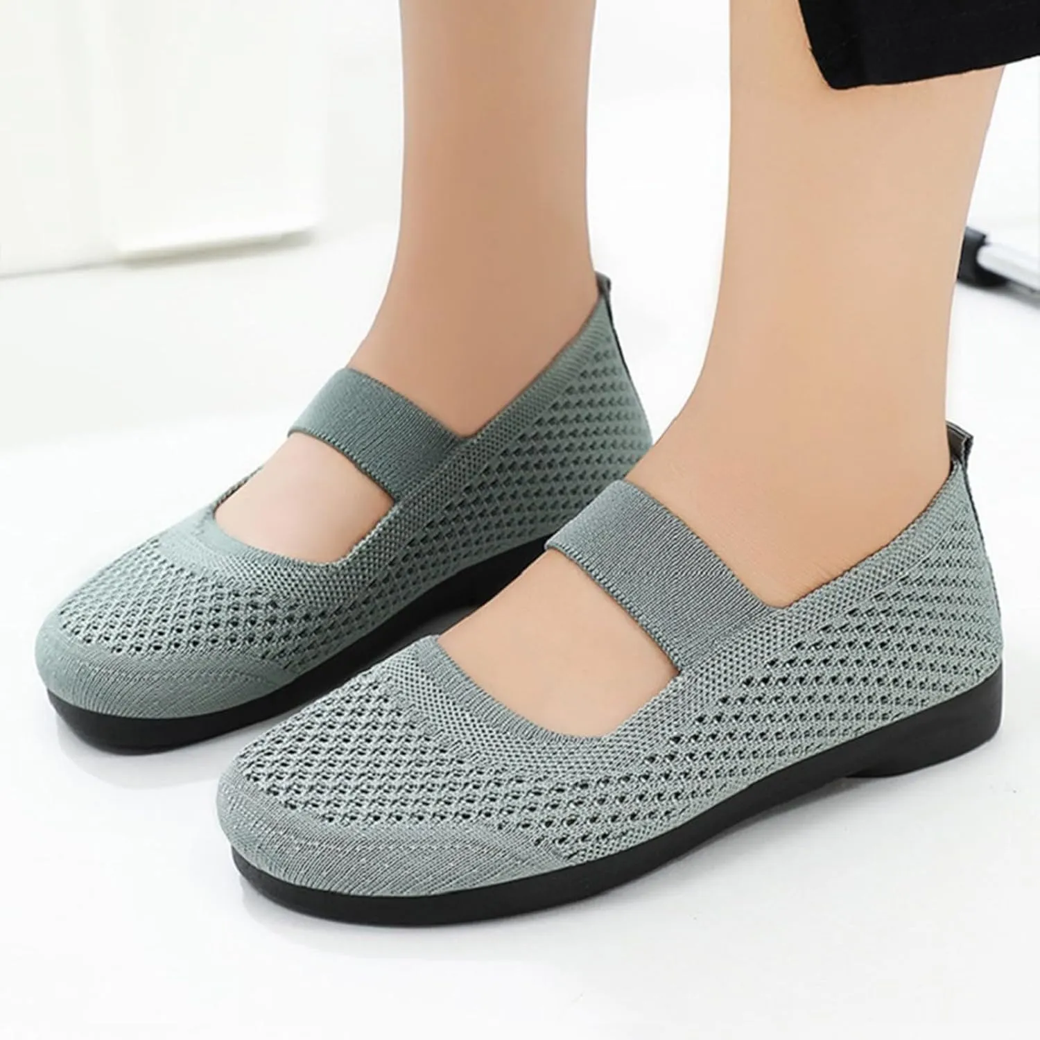 Women's Spring Summer and Autumn Breathable Non Slip Slip On Shallow Soft Sole Flying Woven Orthopedic Mesh Comfort Heel