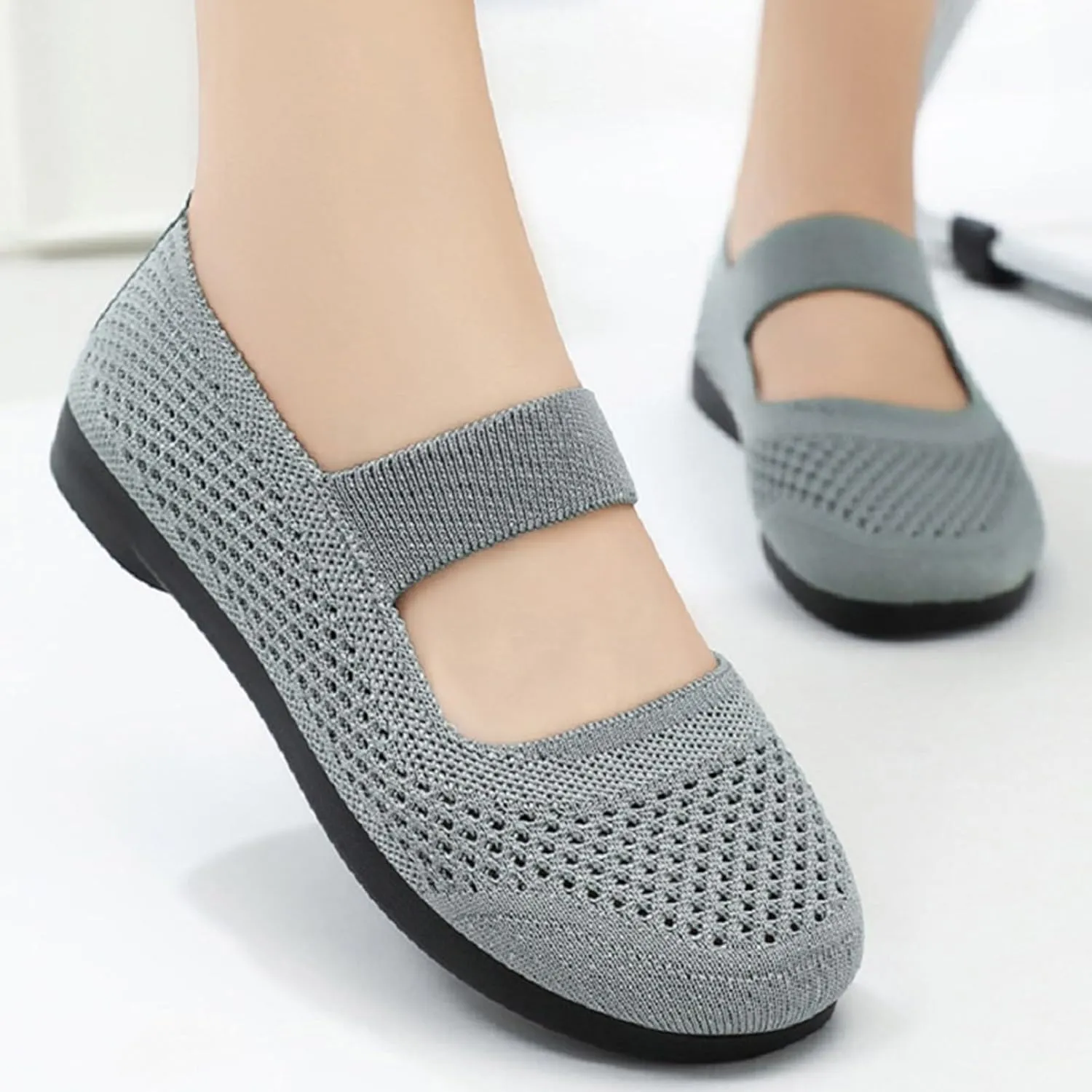 Women's Spring Summer and Autumn Breathable Non Slip Slip On Shallow Soft Sole Flying Woven Orthopedic Mesh Comfort Heel
