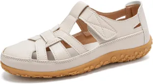 Women's Summer Leather Fisherman Sandals Casual Soft Bottom Hollow Out Non Slip Closed Round Toe Adjustable Hook Walking Sandals Lightweight Comfortable Beach Shoes