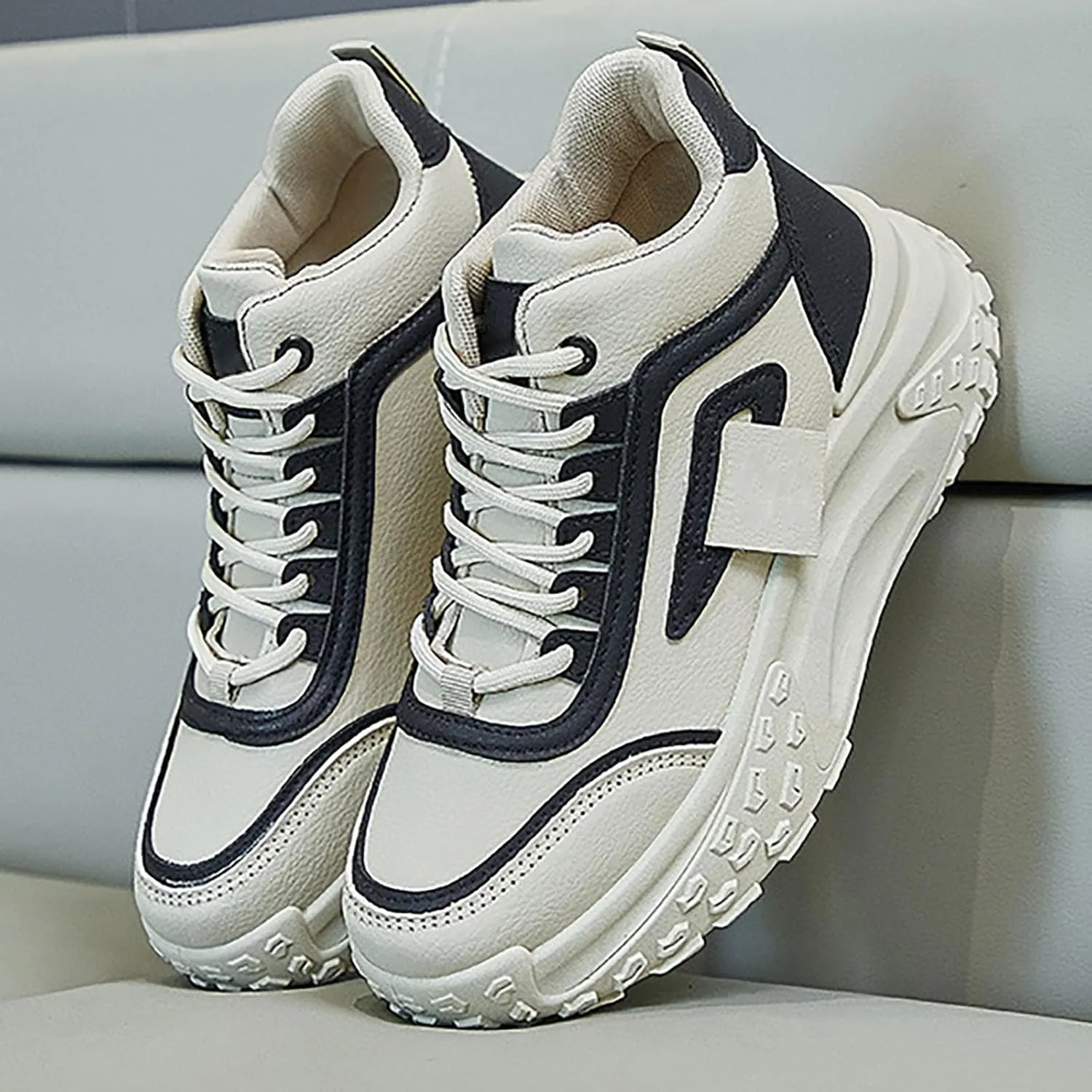 Womens Thick Sole Sneakers High Top Solid Color Lace-up Casual Breathable Soft Walking Running Shoes Comfortable Tennis Shoes Non Slip Women's Sneakers