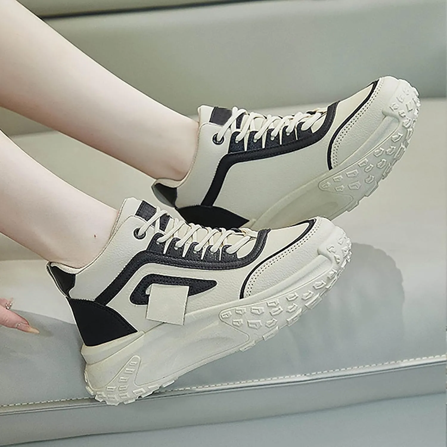 Womens Thick Sole Sneakers High Top Solid Color Lace-up Casual Breathable Soft Walking Running Shoes Comfortable Tennis Shoes Non Slip Women's Sneakers