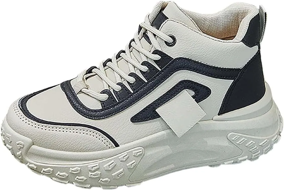 Womens Thick Sole Sneakers High Top Solid Color Lace-up Casual Breathable Soft Walking Running Shoes Comfortable Tennis Shoes Non Slip Women's Sneakers