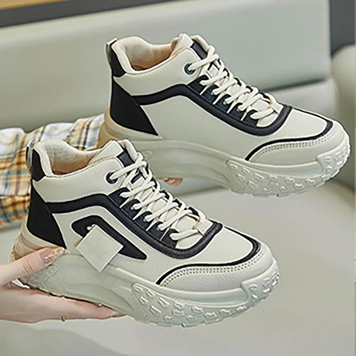 Womens Thick Sole Sneakers High Top Solid Color Lace-up Casual Breathable Soft Walking Running Shoes Comfortable Tennis Shoes Non Slip Women's Sneakers