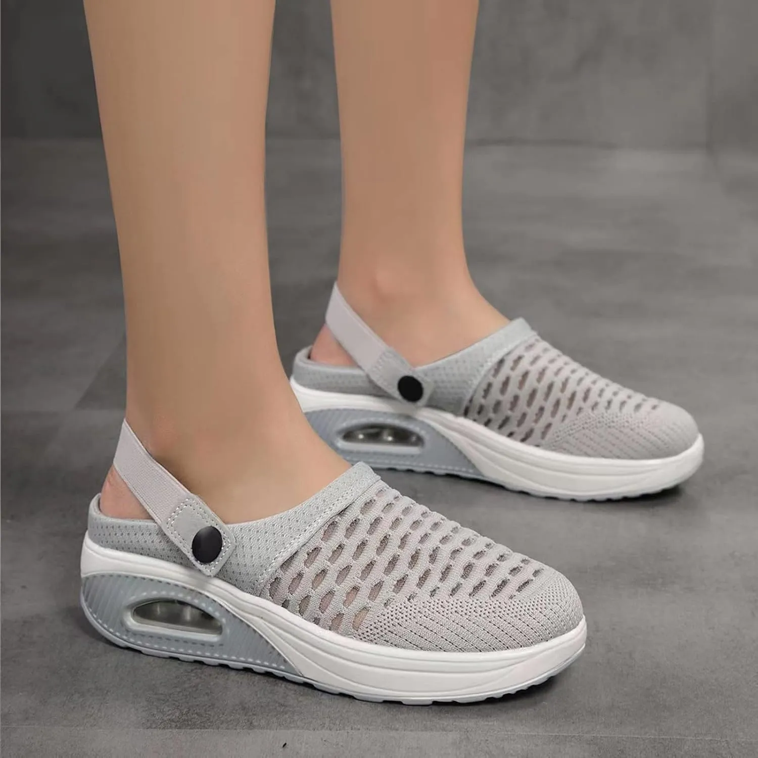 Women's Walking Shoes Summer Breathable Mesh Hollow Out Closed Toe Open Back Orthotic Sandals Casual Lightweight Air Cushion Slip-On Orthopedic Wedge Sandals