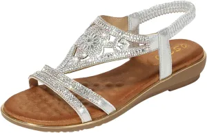 ZSpzx Women's Comfort Dressy Rhinestone Summer Beach Sandals Slip-on Flat Walking Orthopedic with Elastica Back Strap For Women T-Strap Beaded Flower Open Toe Sandal Sparkly Low Heel Dress Shoes