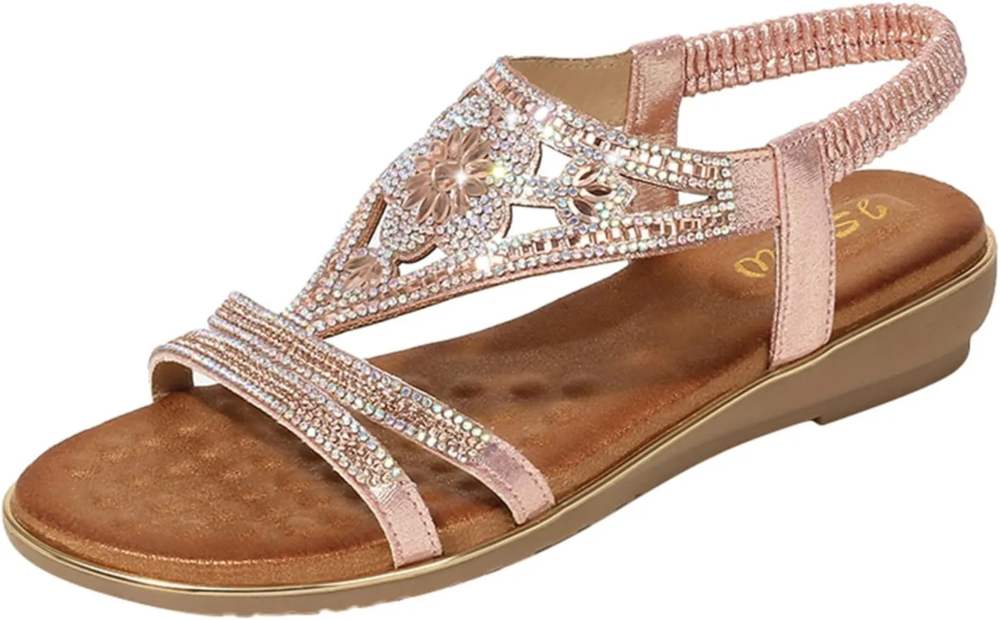 ZSpzx Women's Comfort Dressy Rhinestone Summer Beach Sandals Slip-on Flat Walking Orthopedic with Elastica Back Strap For Women T-Strap Beaded Flower Open Toe Sandal Sparkly Low Heel Dress Shoes