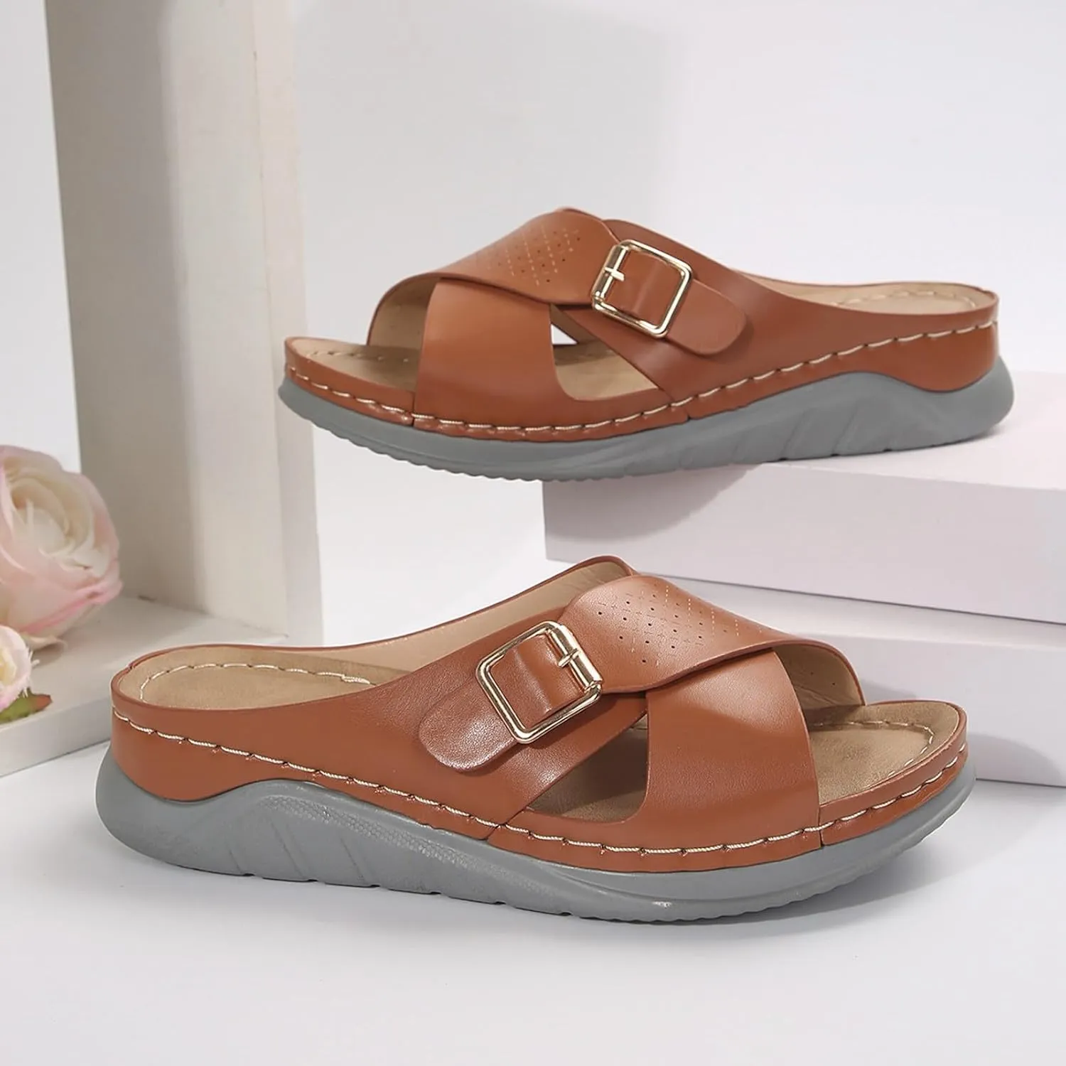 ZSpzx Women's Slide Sandals,Wedge Sandals for Women Dressy Summer Open Toe Crisscross Straps Slip on Sandals Comfortable Slides Slippers Metal Memory Foam Walking Beach Plantar Fasciitis Shoes
