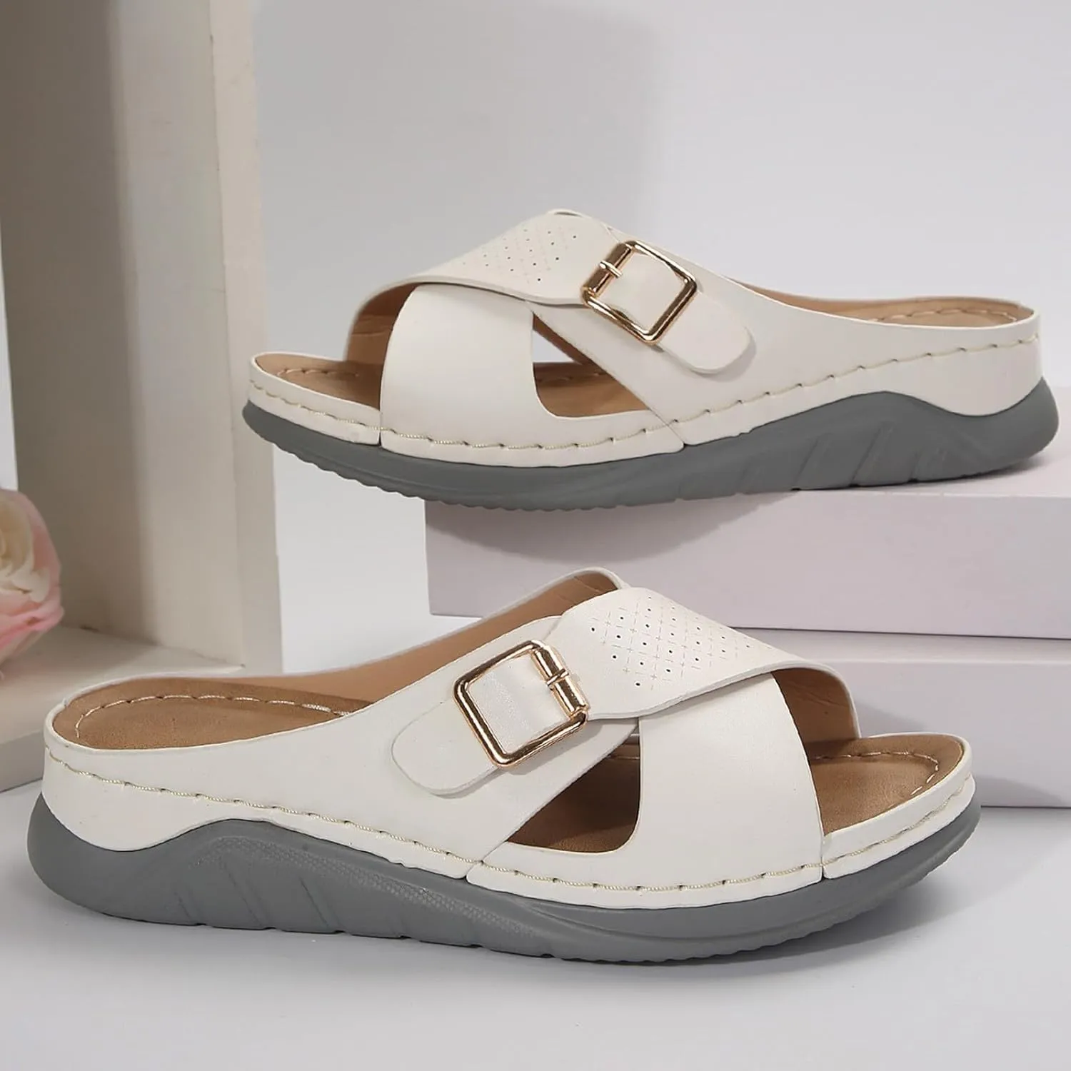 ZSpzx Women's Slide Sandals,Wedge Sandals for Women Dressy Summer Open Toe Crisscross Straps Slip on Sandals Comfortable Slides Slippers Metal Memory Foam Walking Beach Plantar Fasciitis Shoes