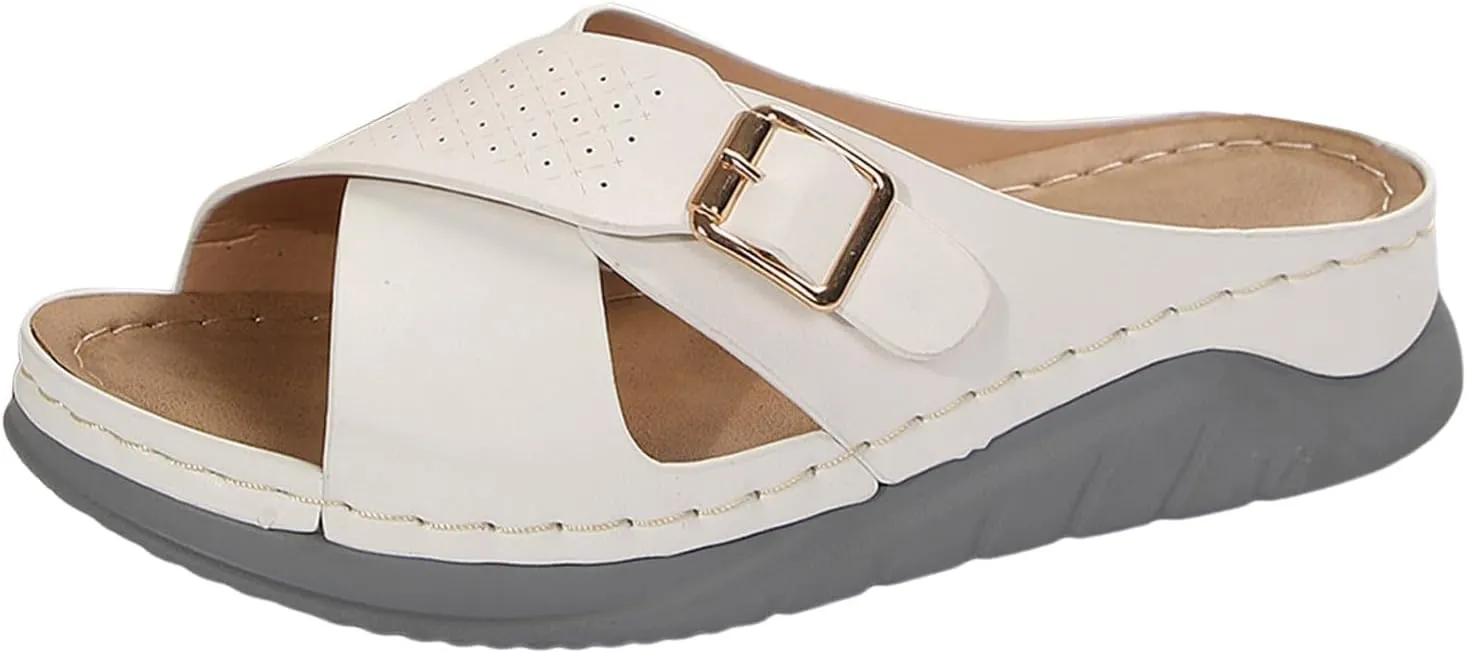 ZSpzx Women's Slide Sandals,Wedge Sandals for Women Dressy Summer Open Toe Crisscross Straps Slip on Sandals Comfortable Slides Slippers Metal Memory Foam Walking Beach Plantar Fasciitis Shoes